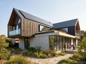 Modernes Einfamilienhaus mit Photovoltaikanlage als Symbol für klimafreundliches Bauen nach KfW-Standard 40 oder 55