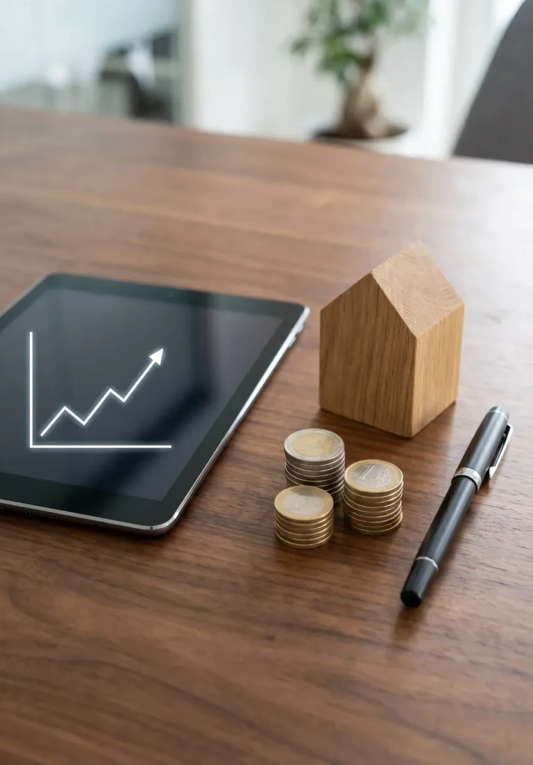 Steigende Bauzinsen 2026: Tablet mit Zinschart, Euromünzen und Holzhaus – Symbolbild Forward-Darlehen