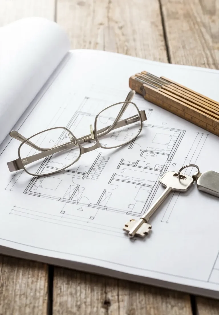 Volltilgerdarlehen planen: Bauplan, Brille, Zollstock und Hausschlüssel