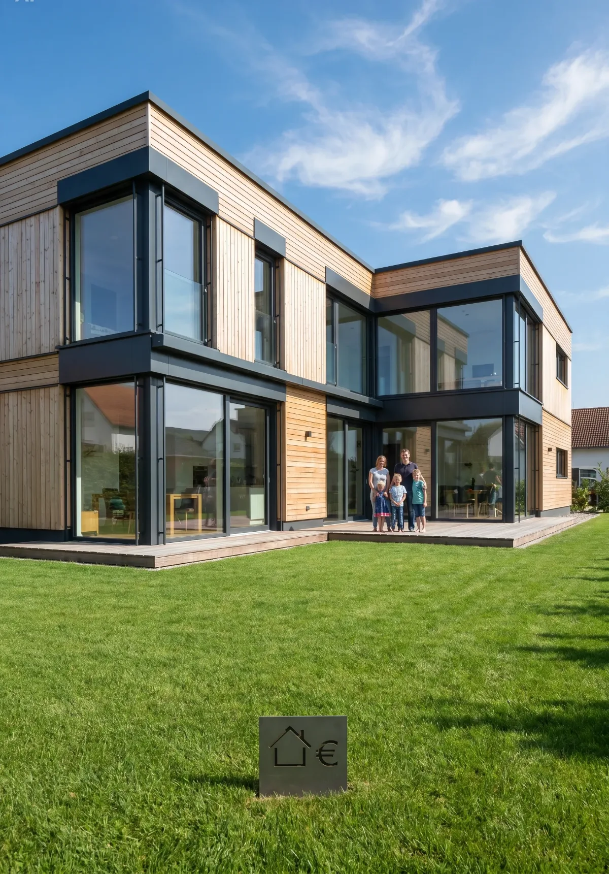 Schuldenfrei ins Eigenheim: Familie vor modernem Holzhaus – Volltilgerdarlehen
