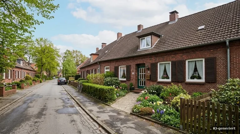 Kleines Reihenhaus aus rotem Backstein in einer ruhigen norddeutschen Wohnstraße, gepflegter Vorgarten, Frühlingslicht