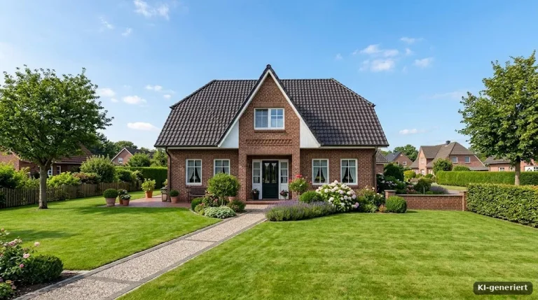 Freistehendes Einfamilienhaus mit Satteldach und Klinkerfassade, Rasen, blauer Himmel