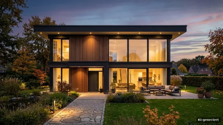 Modernes Einfamilienhaus mit großen Fenstern und Holzelementen, Abendstimmung, Licht im Inneren