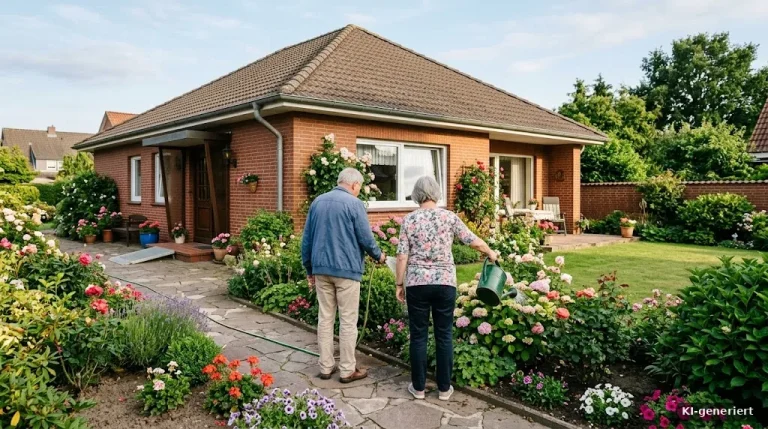 Bungalow mit ebenerdigem Eingang und Garten, ein älteres Paar von hinten beim Gießen der Blumen