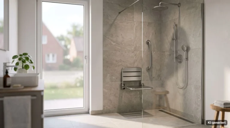 Bodengleiche Dusche mit Klappsitz und Haltegriff in einem hellen Bad