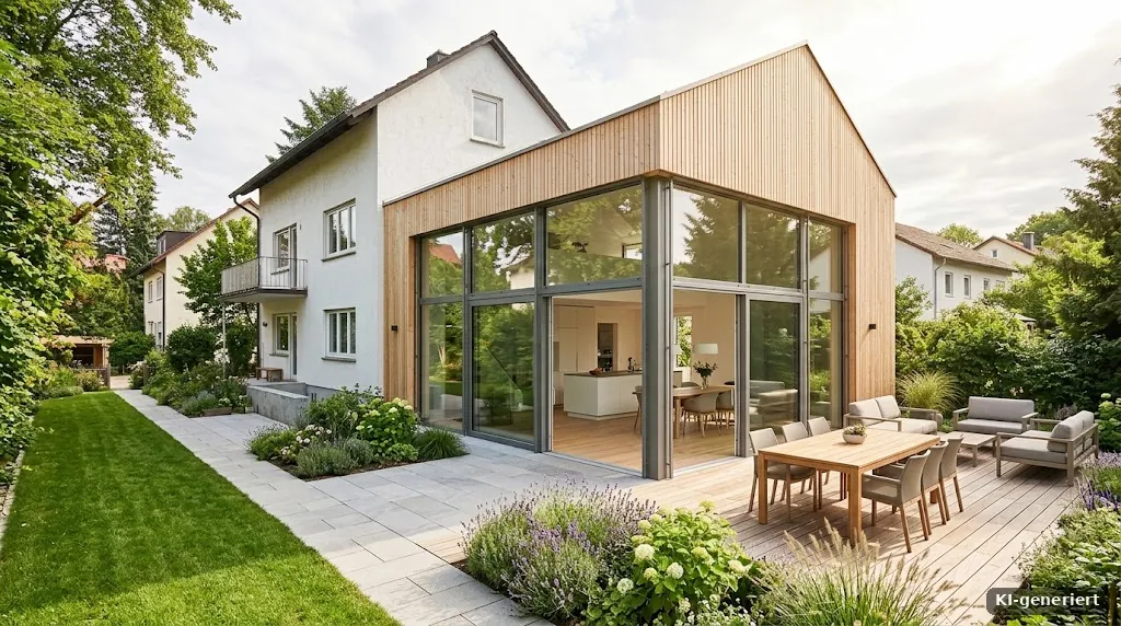 Fertig ausgebauter heller Anbau mit großer Glasfront zum Garten