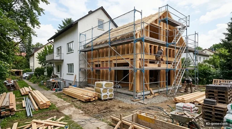 Einfamilienhaus mit neuem Anbau aus Holz im Rohbau, Gerüst, Baumaterial im Garten