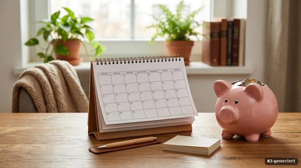 Kalender mit Monatsblättern und ein Sparschwein auf einem Schreibtisch
