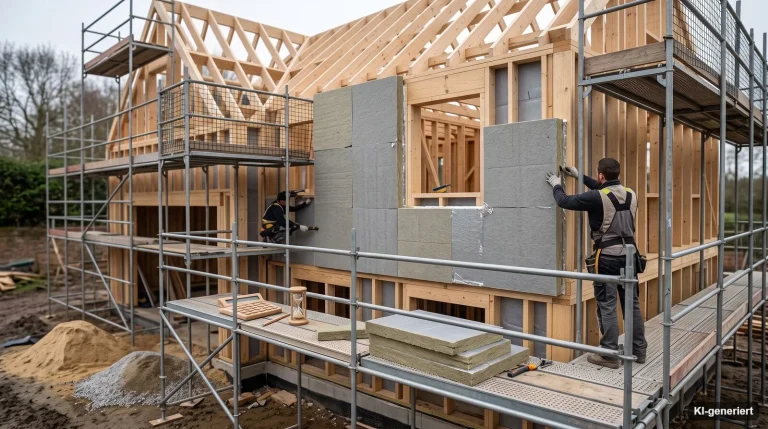 Dämmplatten werden an einer Hausfassade mit Gerüst angebracht