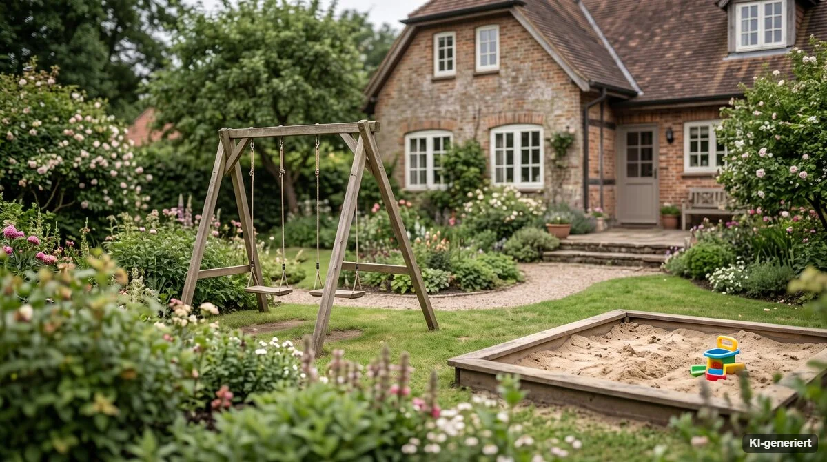Garten mit Holzschaukel und Sandkasten hinter einem Backsteinhaus