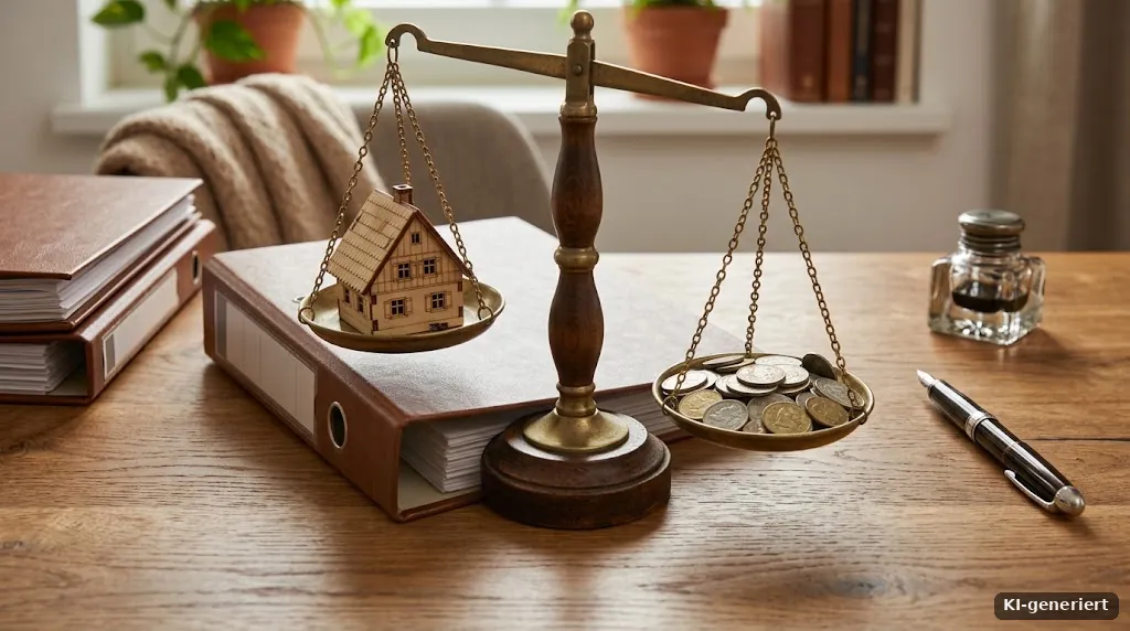 Hausmodell auf einer Waage mit Münzen auf der anderen Seite