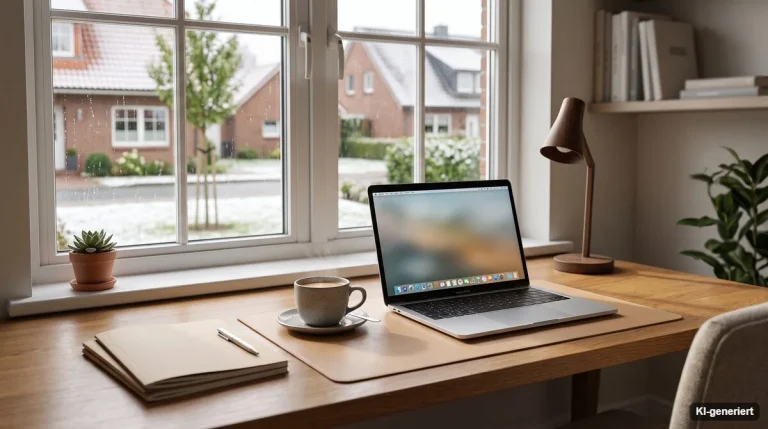 Arbeitsplatz im Homeoffice am Fenster mit Laptop und Schreibtischlampe