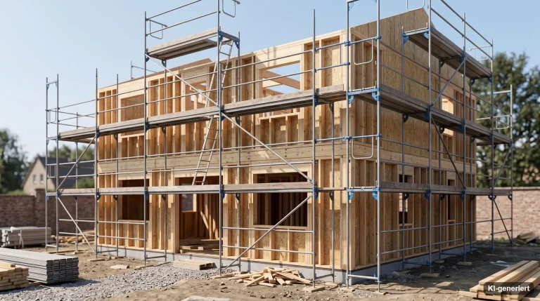 Rohbau eines Hauses mit Baugerüst unter klarem Himmel