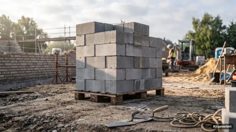 Gestapelte Mauersteine auf einer Palette an einer Baustelle im Morgenlicht