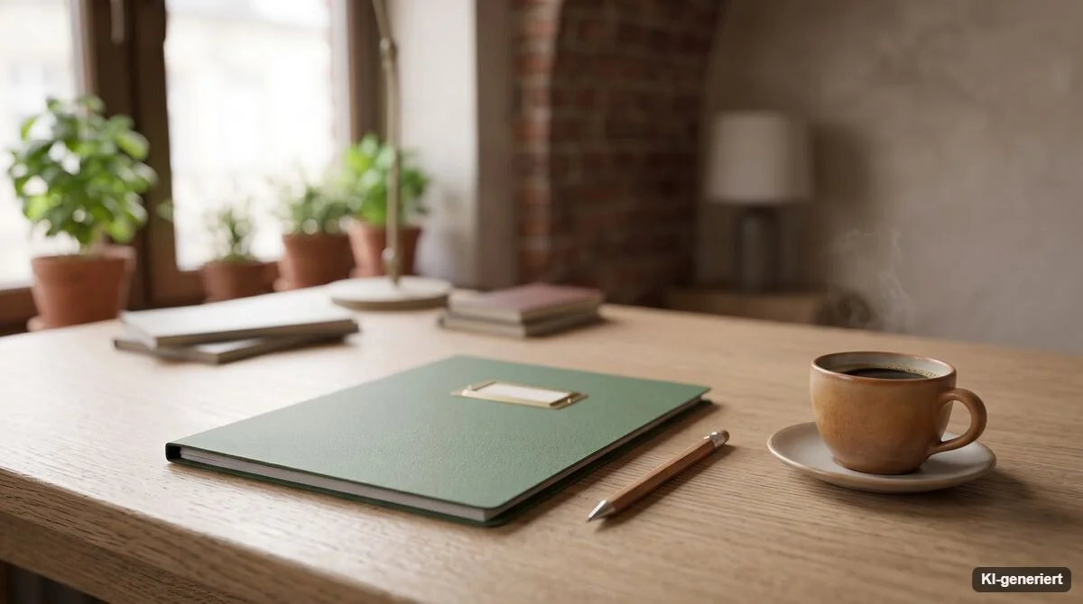 Aufgeräumter Schreibtisch mit geschlossener Mappe, Stift und Kaffeetasse