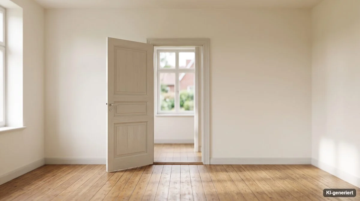 Leerer heller Raum mit geöffneter Tür und Blick nach draußen