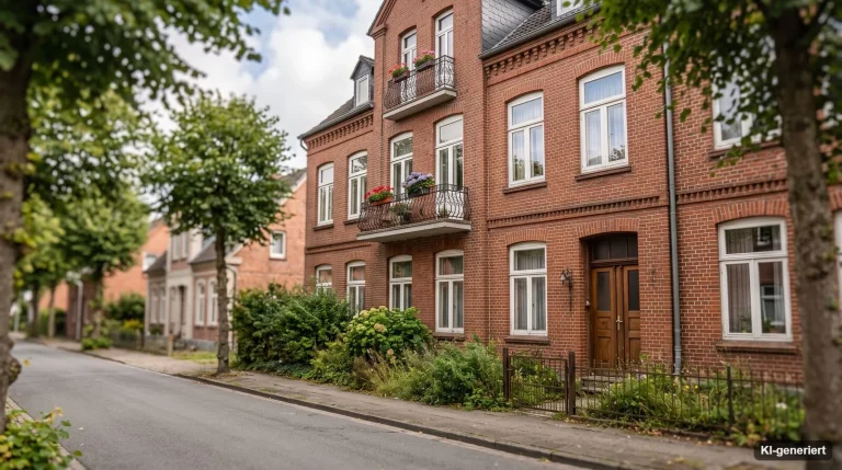Gepflegtes Stadthaus aus rotem Backstein mit hohen Fenstern an ruhiger Straße