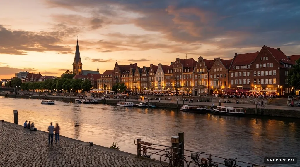 Blick über die Weser mit Häuserzeile am Ufer, Abendlicht