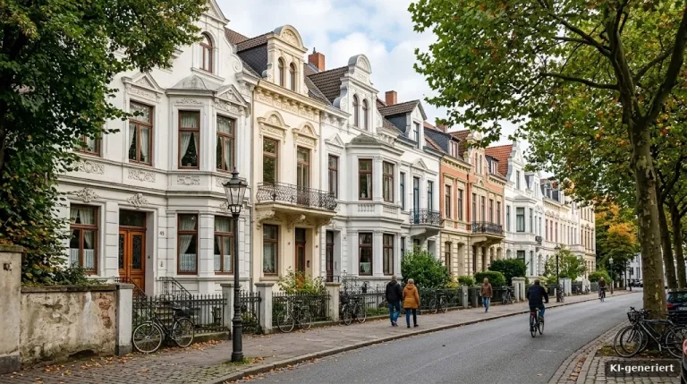 Bremer Altbau-Reihenhäuser im Viertel mit Stuckfassaden, Bäume an der Straße