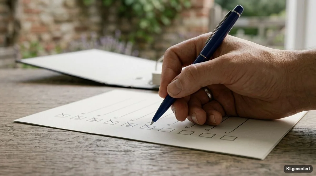 Hand hakt mit einem Stift Punkte auf einer Checkliste ab