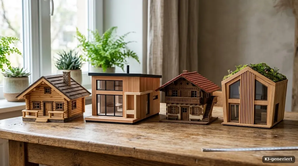 Vier unterschiedliche Holzhausmodelle nebeneinander auf einem Tisch