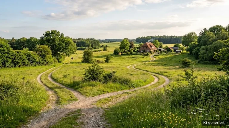 Mehrere Wege, die sich auf einer Wiese gabeln, am Ende ein Haus