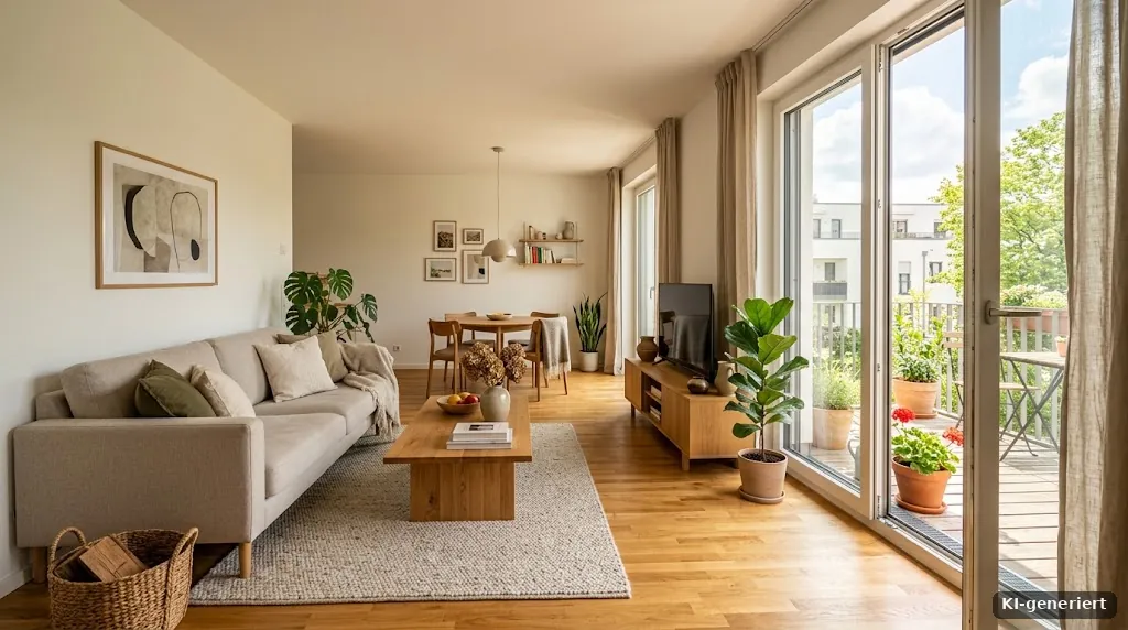 Helles Wohnzimmer einer Eigentumswohnung mit Parkett und Balkontür