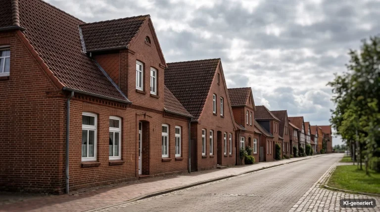 Reihe roter Backsteinhäuser an einer ruhigen Straße unter bewölktem Himmel