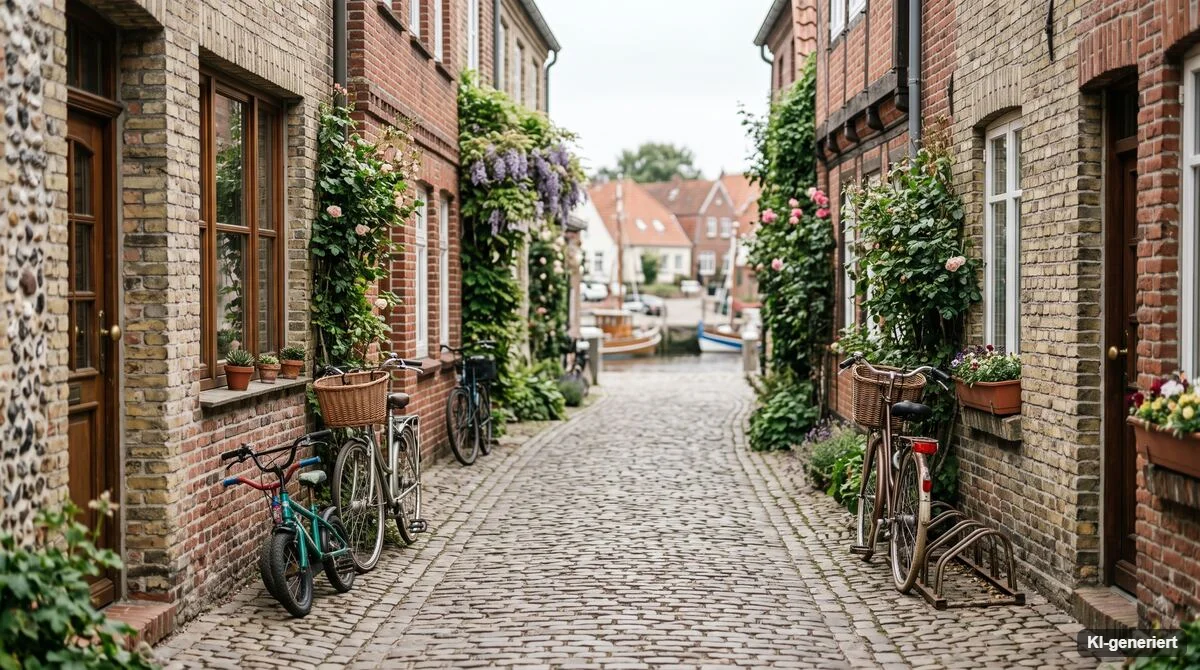 Enge Gasse mit Backsteinhäusern und abgestellten Fahrrädern in einer norddeutschen Hafenstadt