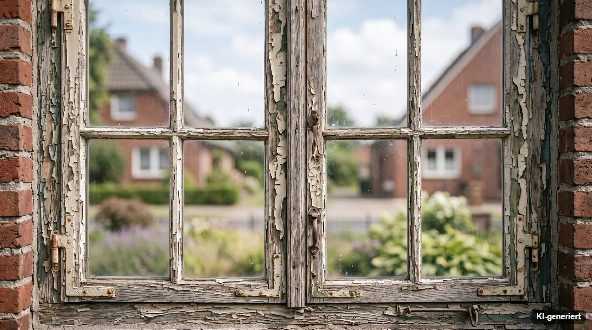 Altes Holzfenster mit abblätternder Farbe in einer Backsteinwand