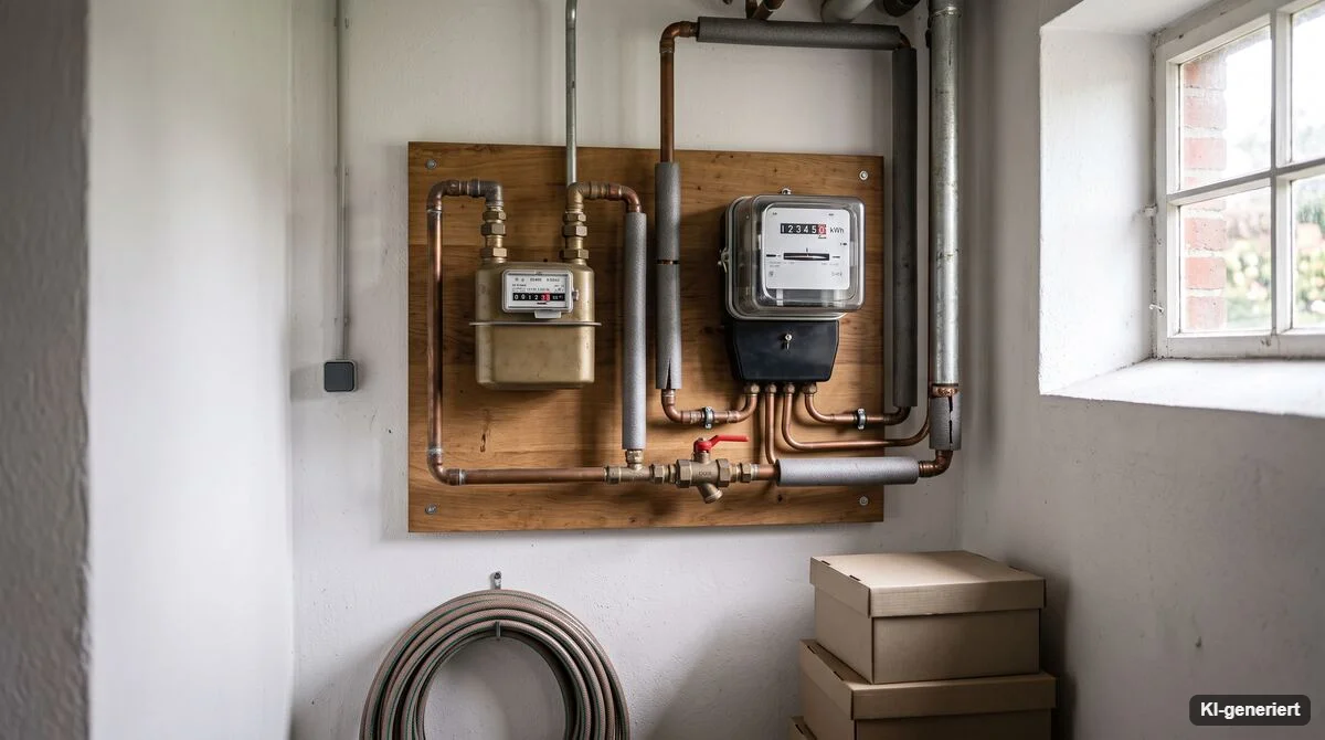 Strom- und Gaszähler an einer Kellerwand