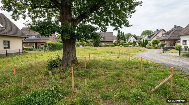 Unbebautes Grundstück mit altem Baum und Absteckpflöcken, Wohnsiedlung im Hintergrund