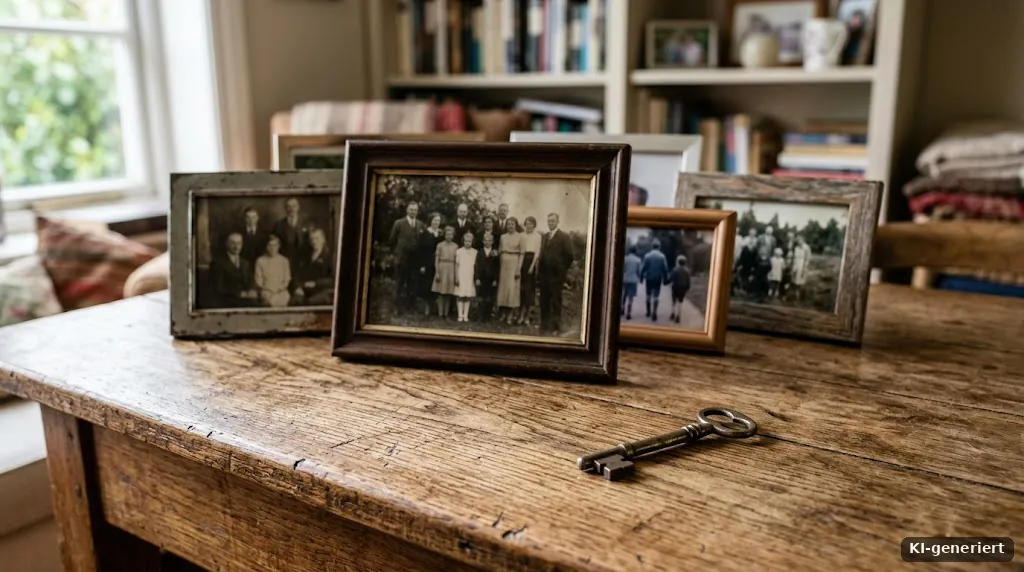 Familienfotos in Rahmen und ein Schlüssel auf einem alten Holztisch