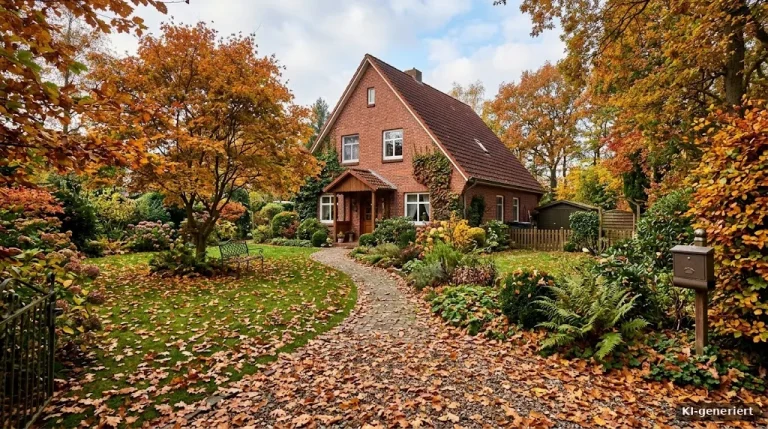 Älteres Einfamilienhaus mit Garten im Herbst, Laub auf dem Weg