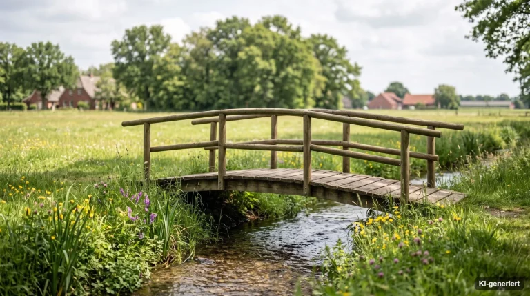 Kleiner Holzsteg über einen schmalen Bach auf einer Wiese