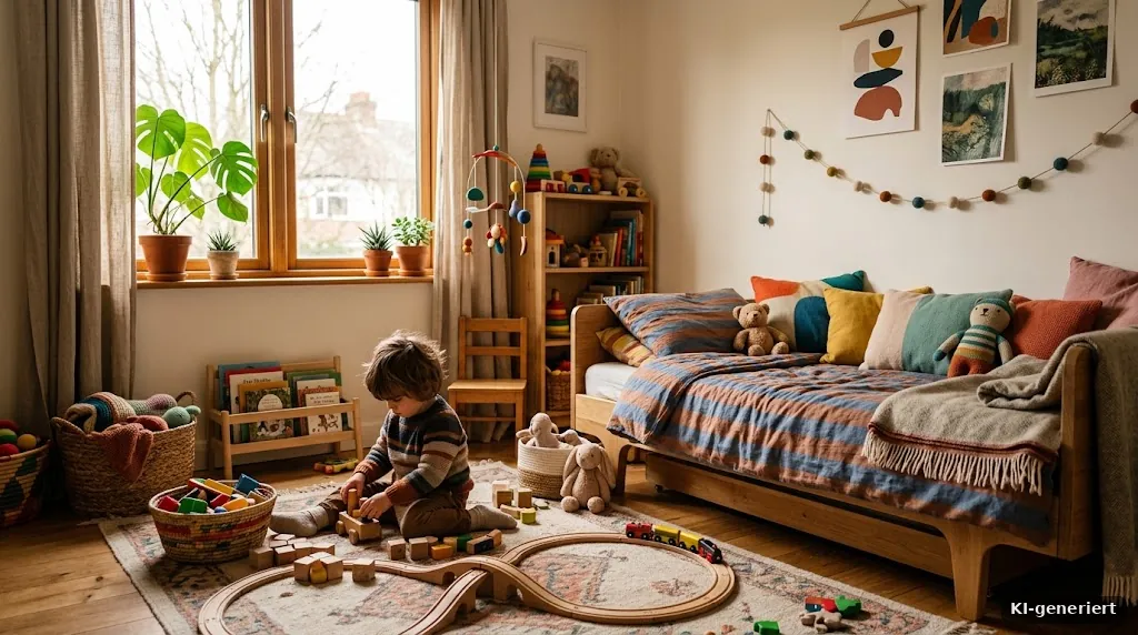 Kinderzimmer mit Bett und Spielzeug, warmes Licht