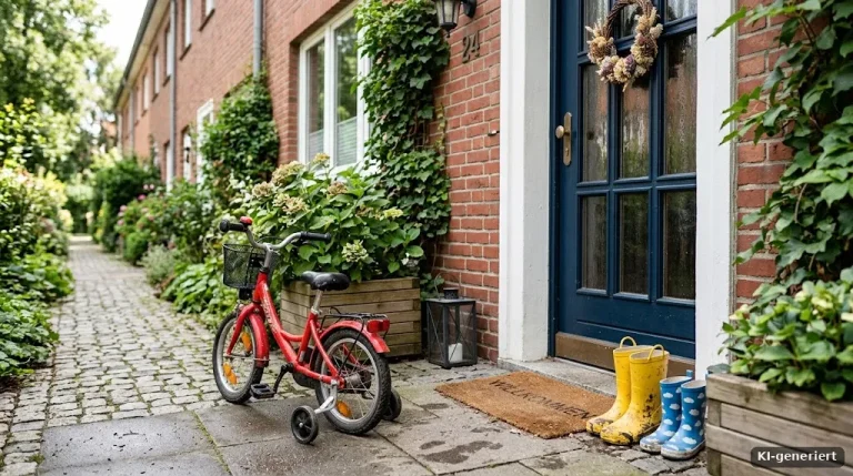 Kinderfahrrad und Gummistiefel vor der Haustür eines Reihenhauses