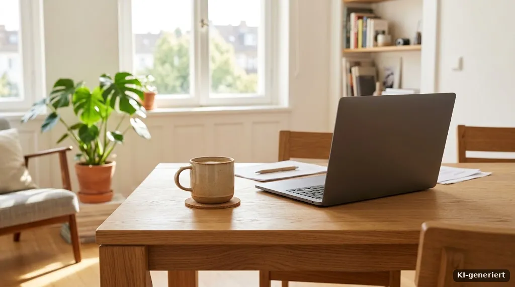 Einzelner Kaffeebecher und Laptop auf einem Esstisch in einer hellen Wohnung