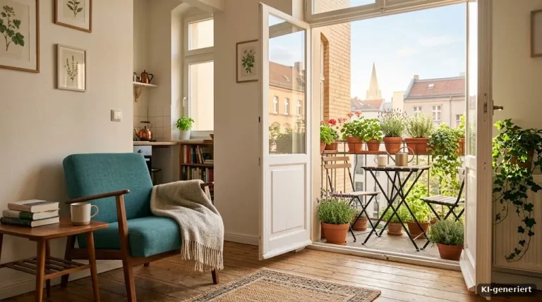 Kleine Stadtwohnung mit Balkon und Pflanzen, Morgensonne