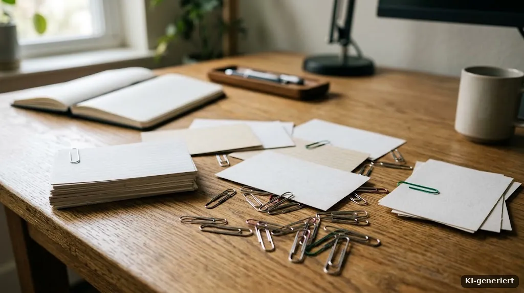 Karteikarten und Büroklammern auf einem Schreibtisch