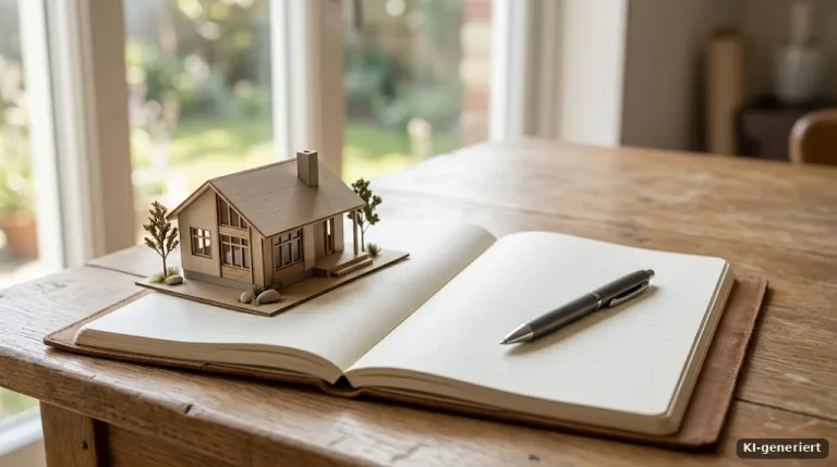 Aufgeschlagenes Notizbuch mit Stift und Hausmodell