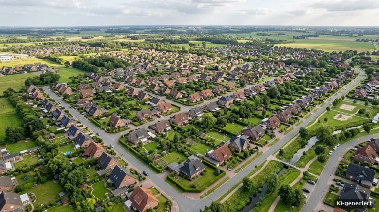 Luftaufnahme einer Wohnsiedlung mit Einfamilienhäusern und Gärten