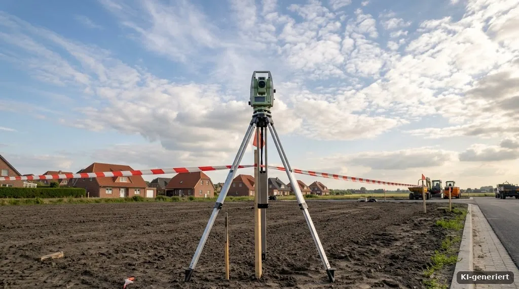 Vermesser-Stativ auf einem Grundstück, Himmel im Hintergrund