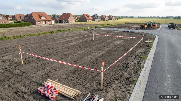 Baugrundstück mit Vermessungspflöcken und rot-weißem Flatterband, Neubaugebiet