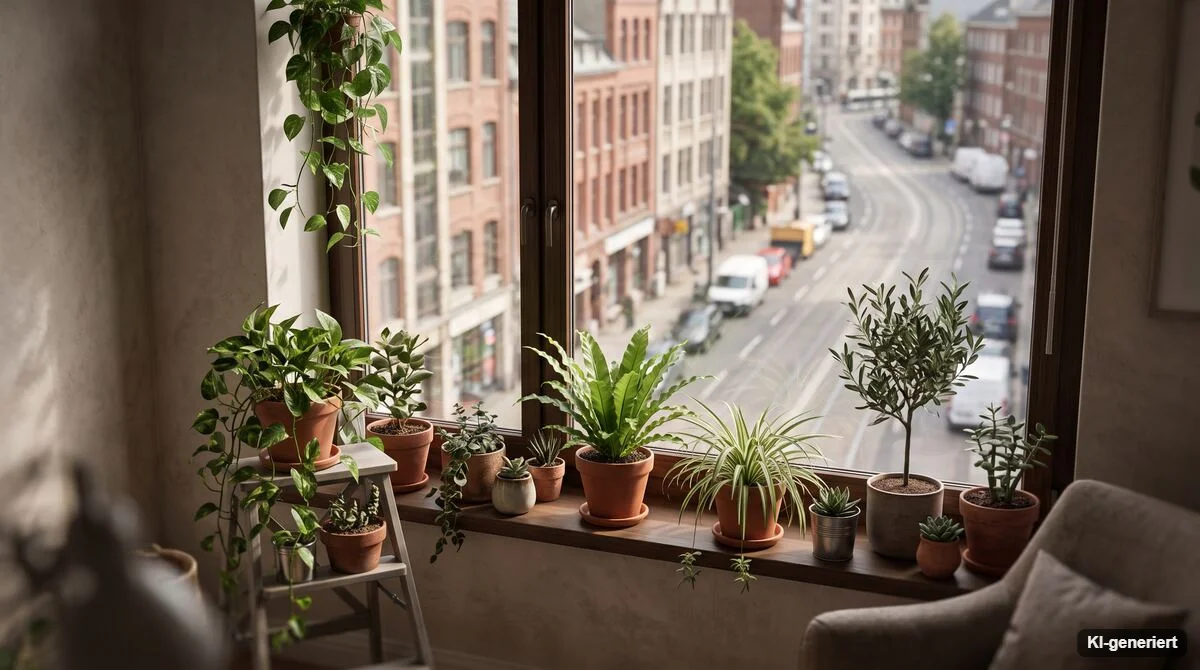 Hohes Wohnungsfenster mit Pflanzen und Blick auf eine Straße