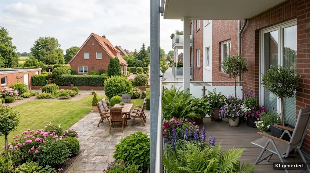 Garten mit Terrasse neben einem Balkon mit Pflanzen