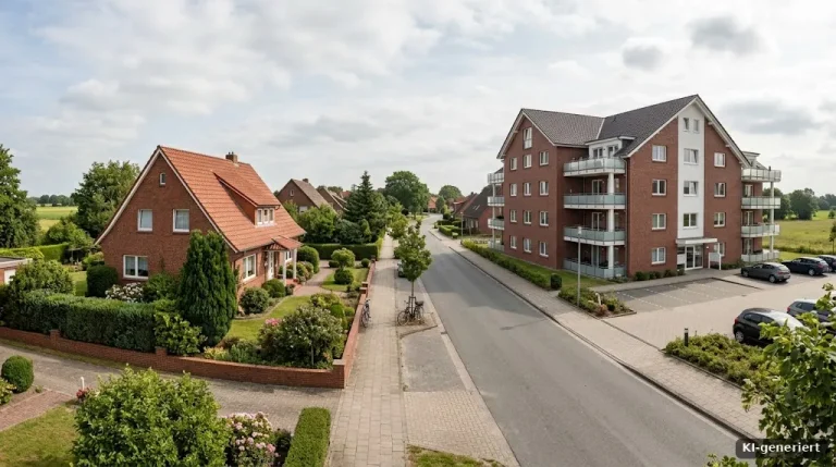 Links ein Einfamilienhaus, rechts ein Mehrfamilienhaus, gleiche Straße