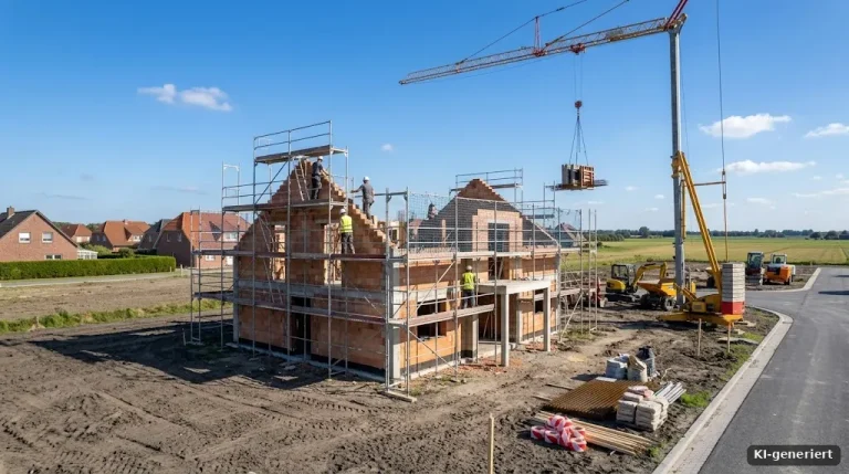 Rohbau eines Einfamilienhauses mit Gerüst und Kran, blauer Himmel