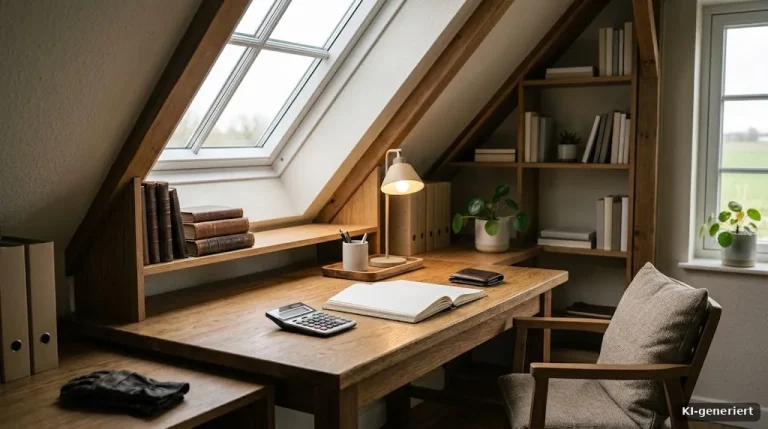 Arbeitszimmer mit Schreibtisch unter der Dachschräge