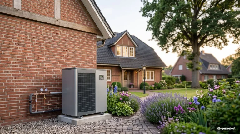 Wärmepumpe an der Außenwand eines Backsteinhauses mit gepflegtem Garten